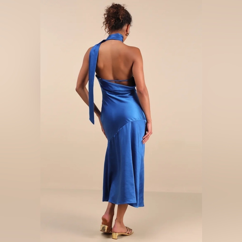 Lulus Reglan Blue Satin One-Shoulder Sash Midi Dress - Picture 4 of 9